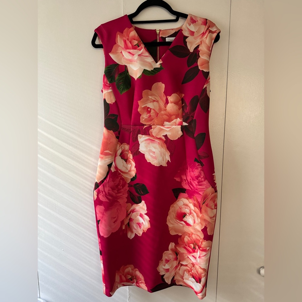 Calvin Klein Pink and Red Sheath Midi Dress V-Neck Sleeveless